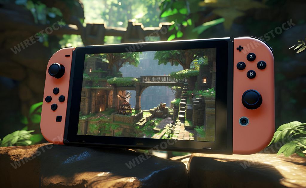 An AI generated illustration of A Nintendo Switch video game console sits in front of a scenic landscape of trees and rocks