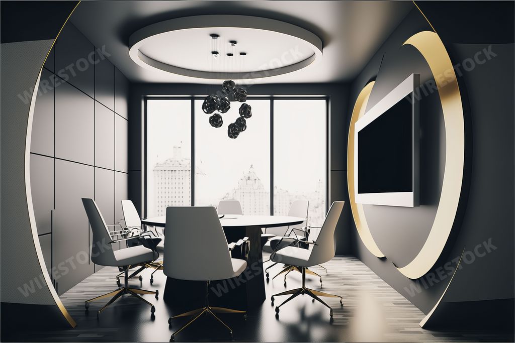An AI generated illustration of realistic modern furniture and interior design of meeting room, circle table with chairs and LCD screen on the wall