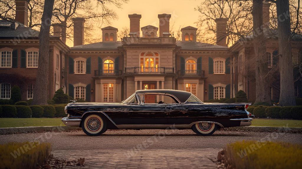 An AI generated illustration of Vintage car parked on street near building