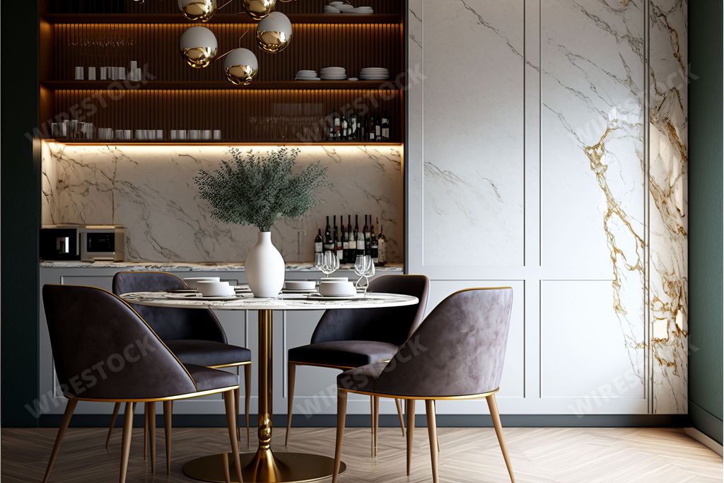 An AI-generated illustration of a stylish dining room,chairs around a round table with a golden pedestal, a marble cabinet and parquet floor