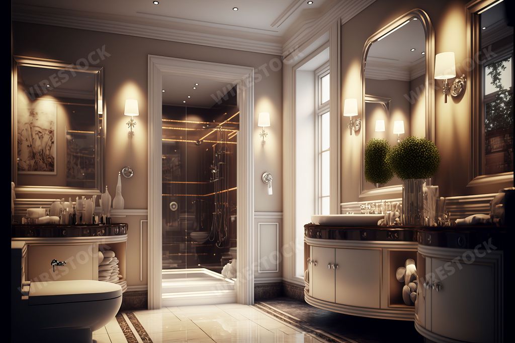 An AI generated illustration of This modern bathroom features two porcelain sinks and a glass-enclosed shower and toilet