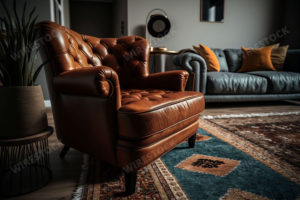 Stylish modern living room interior with a brown leather armchair and a blue velvet sofa set against a white wall
