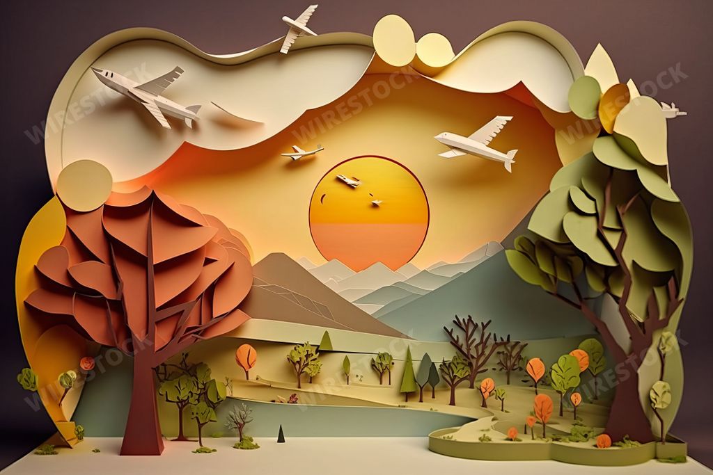 An AI generated illustration of a paper cutout design of birds flying over a sunset landscape