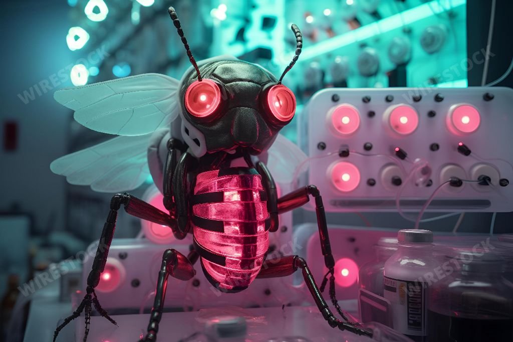 An AI generated illustration of A macro photograph of a realistic-looking artificial bug perched atop a desk lamp with illuminated eyes