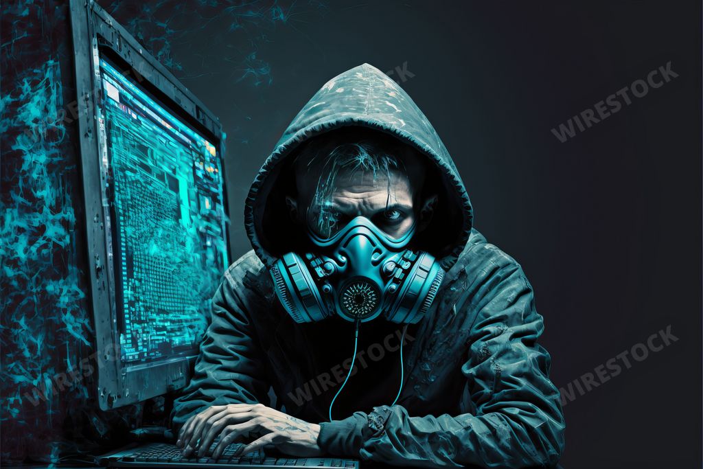 An AI generated illustration of a scary hooded hacker male with a gas mask near a computer