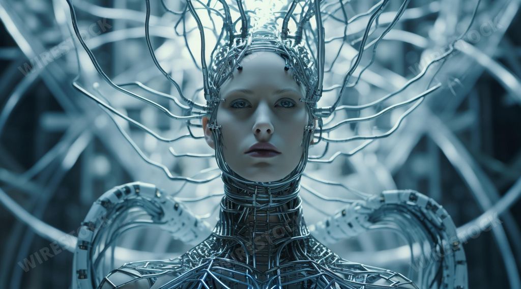 An AI generated illustration of a young alien female wearing multiple colorful wire headdresses, standing in a futuristic cyberpunk environment