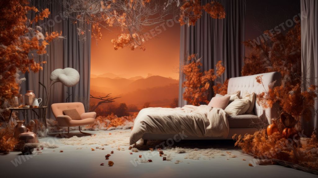 An AI generated illustration of cozy bedroom with a plush bed and walls with warm autumnal colors
