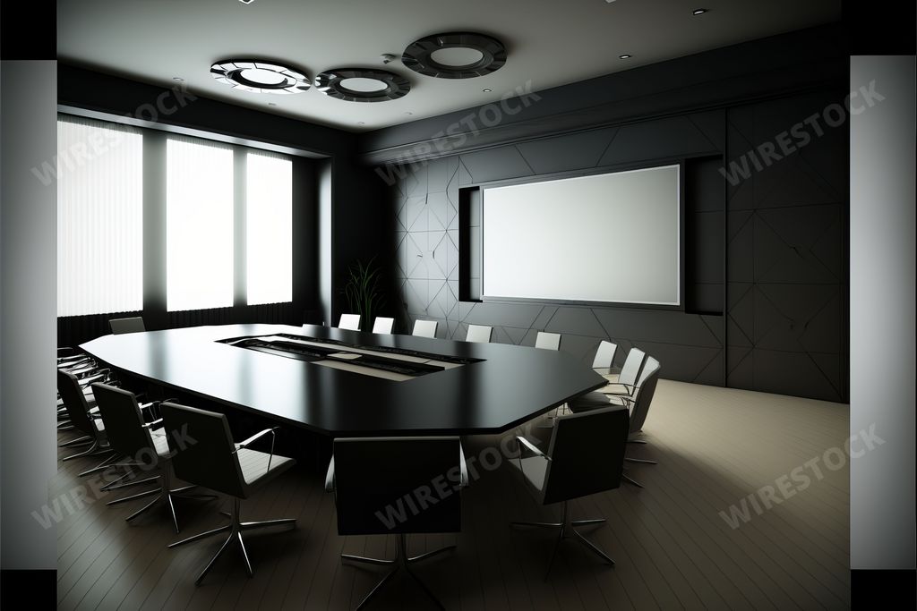 An AI generated illustration of realistic modern furniture and interior design of meeting room, black table with chairs and whiteboard on the wall