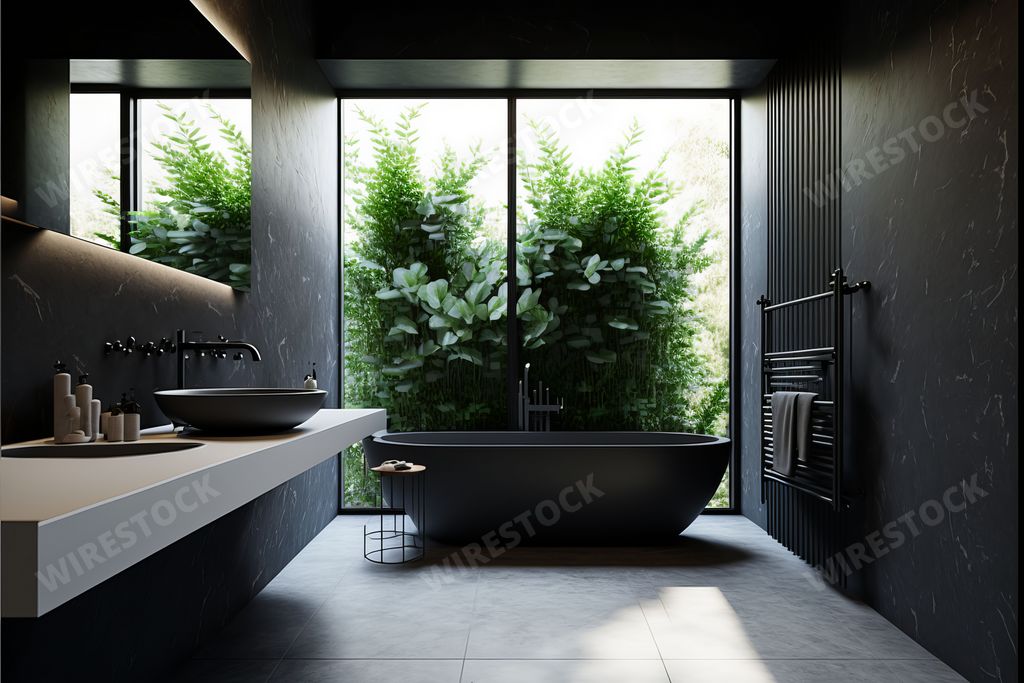 A close-up image of a sleek black bathtub set in a modern bathroom, situated beside a large window with a view of the outdoors