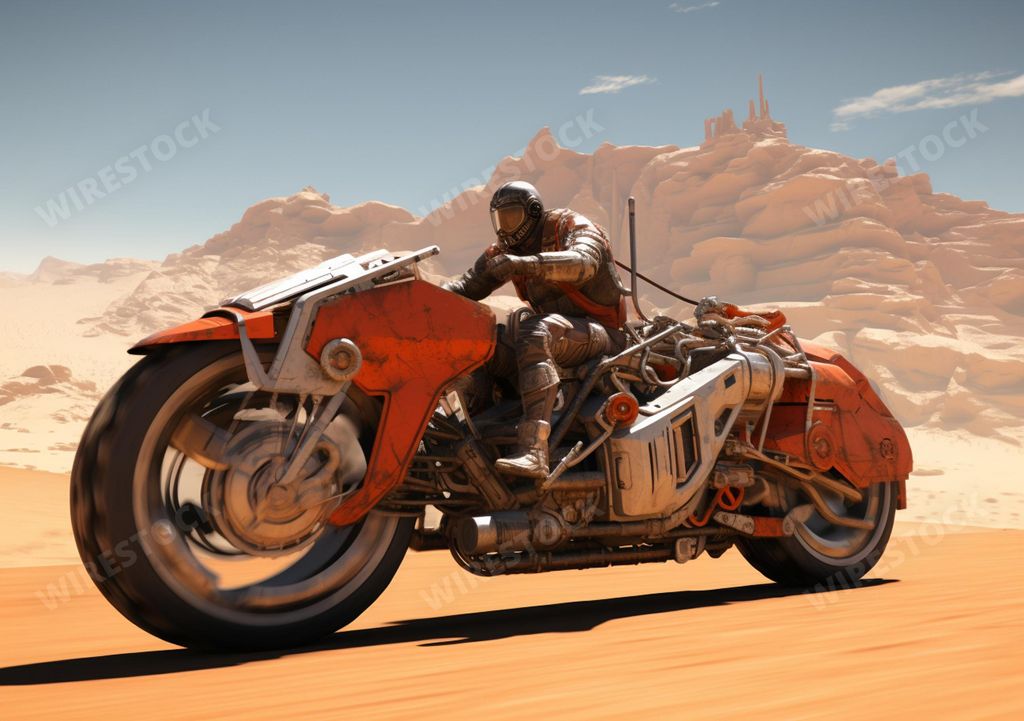 An AI generated illustration of A man rides a motorcycle across the sandy terrain of the desert