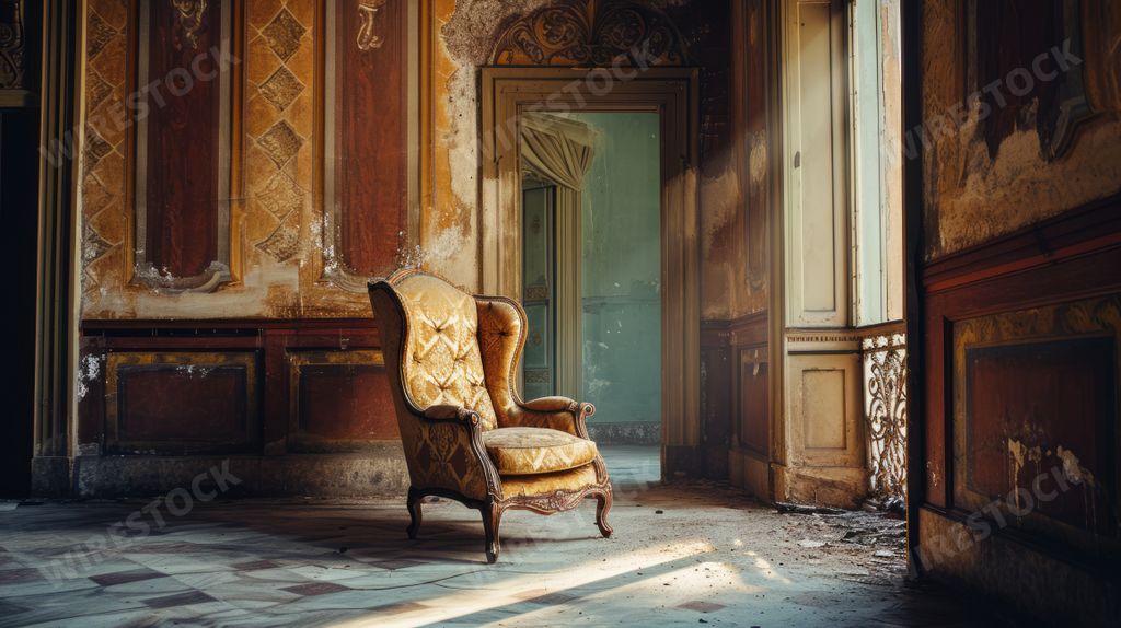 An AI generated illustration of a stunning vintage chair basks in the radiant sunlight of a captivating, antiquated room