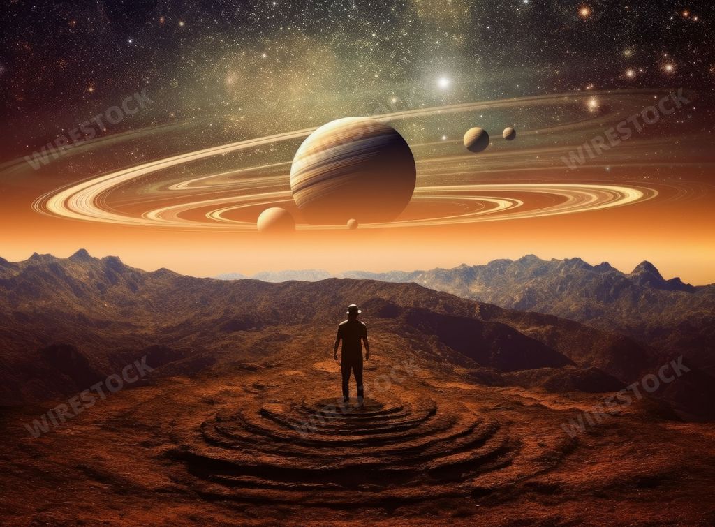 A man is standing on a hilltop enjoying the view of the night sky, looking up at the stars and planets, including Saturn