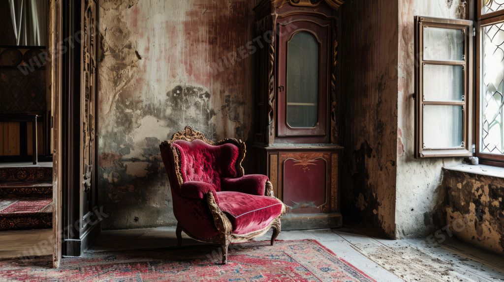 An AI generated illustration of a vintage chair by a grand entrance in a stately home