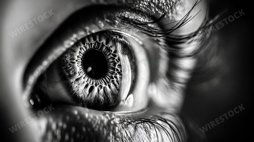 An AI generated illustration of a close-up of an eye with long lashes, in grayscale
