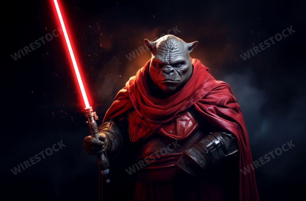 An AI generated illustration of an alien in a red robe holding a glowing red sword in the dark