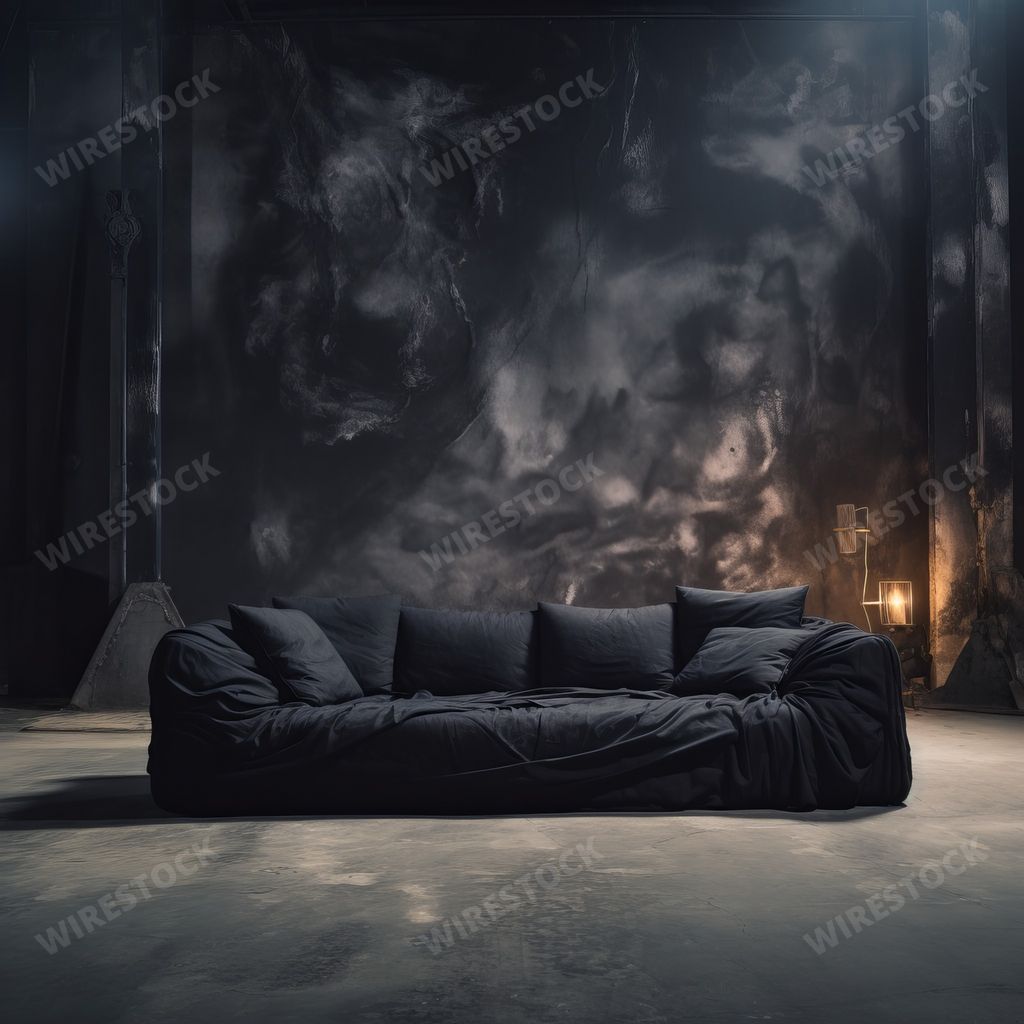 An AI generated illustration of a stylish black and grey couch in a dark room
