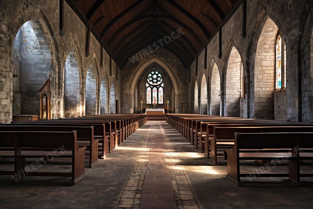 An AI illustration of An AI generated illustration of This stock photo features an empty stone church interior, with light streaming in through the wi