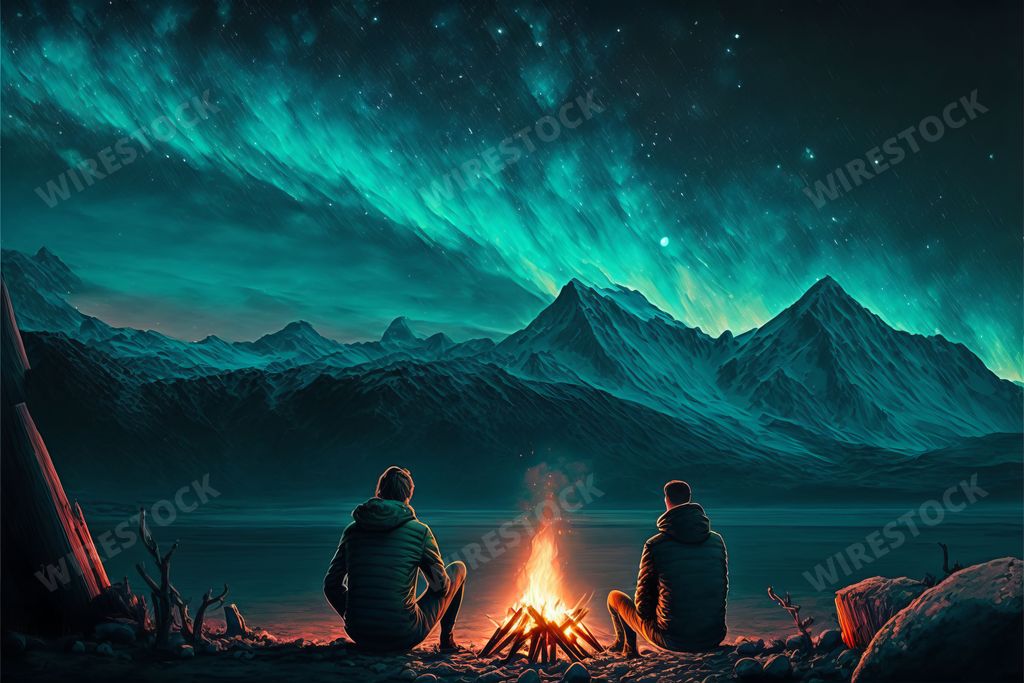 An AI generated illustration of a couple of friends sitting next to the campfire under the starry sky