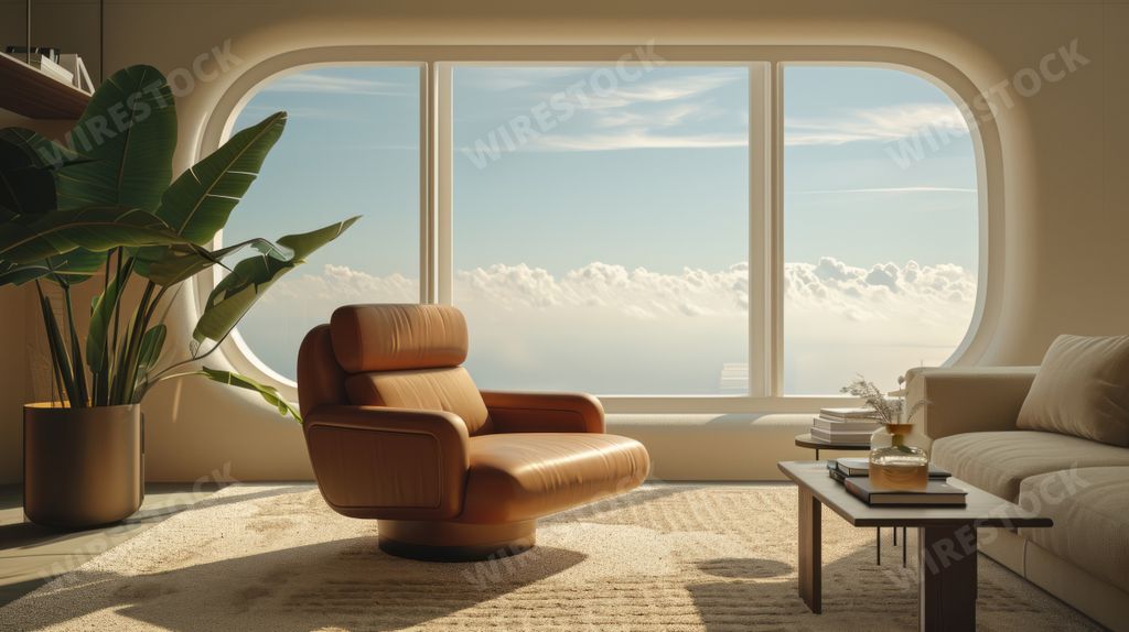 An AI generated illustration of a spacious room with expansive windows offering breathtaking sky views
