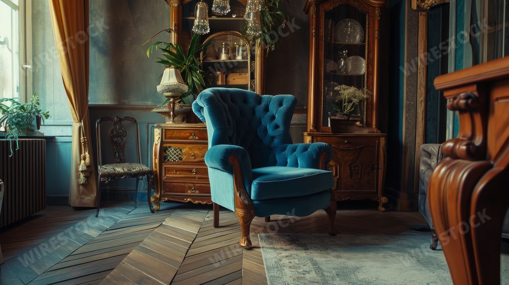 An AI generated illustration of a blue chair in front of a decorative wooden armoire