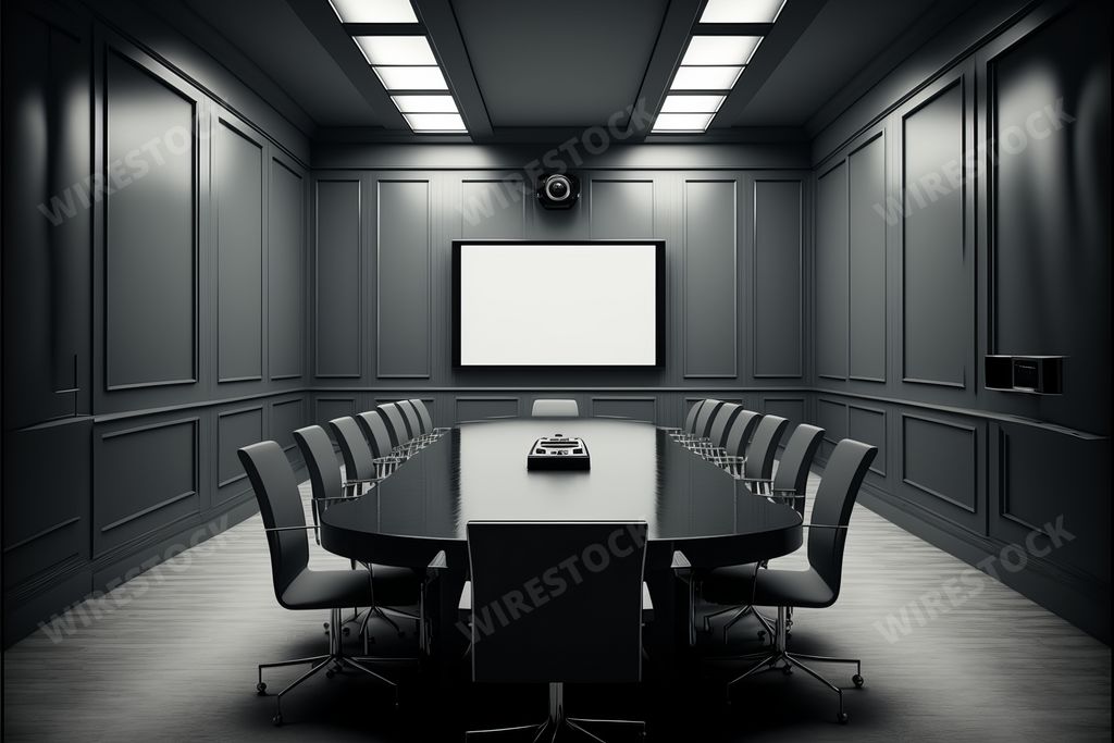 This is an empty boardroom with many chairs and a screen in the ceiling