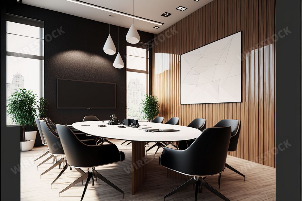 An AI generated illustration of realistic modern furniture and interior design of meeting room, white table with chairs and whiteboard on the wall