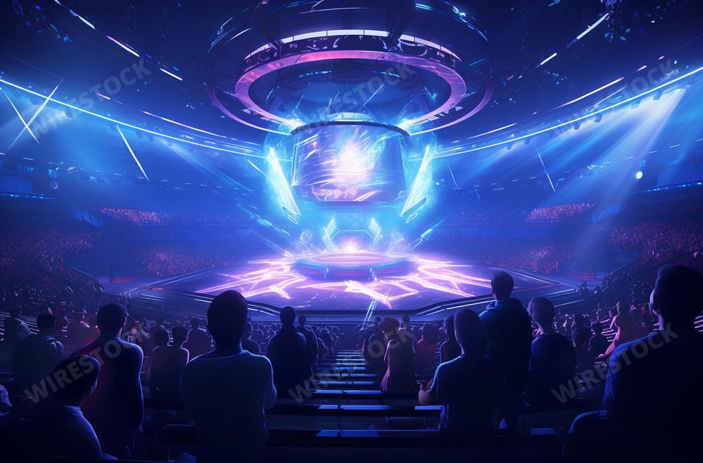 An AI generated illustration of A large crowd of people gathered in an auditorium, all looking up towards a brightly lit stage with a projection light