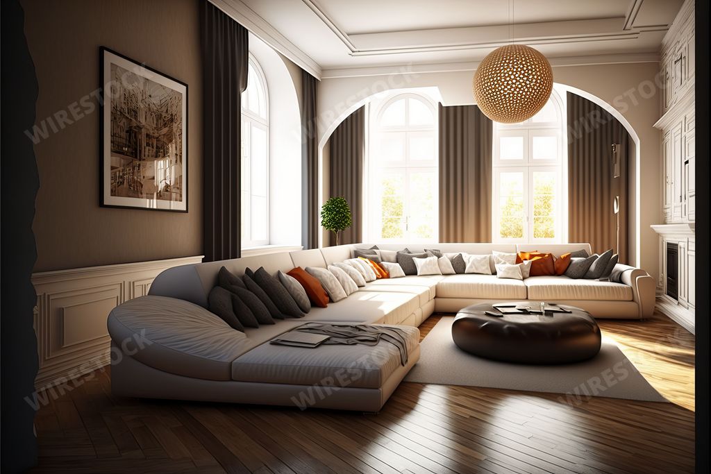 AI generated illustration of a living room a large L shaped sofa a contrast of beige and brown Stock illustration Wirestock