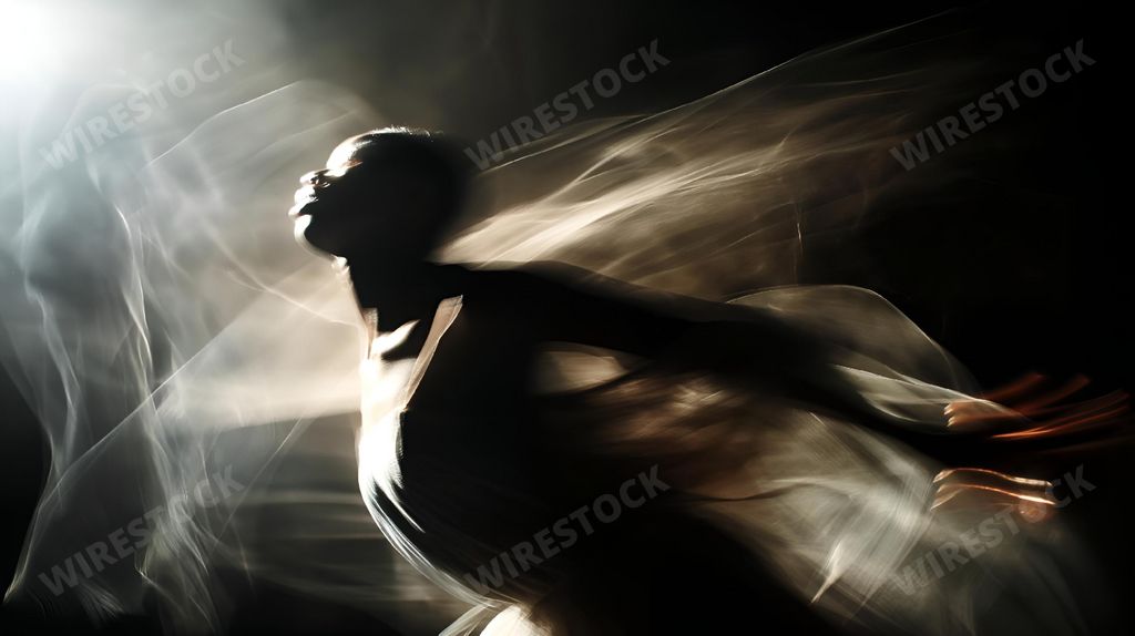 A figure dancing in darkness as smoke swirls around them, AI-generated.