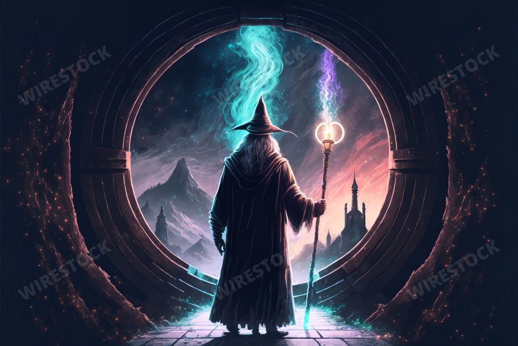 An AI generated illustration of a mysterious wizard in a dimly lit tunnel, illuminated by magical blue glowing lights