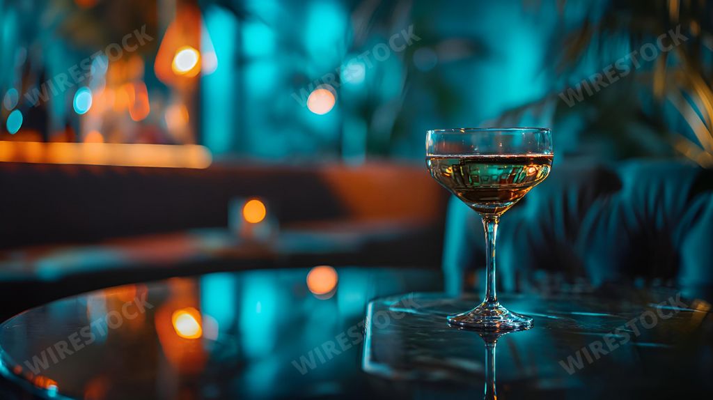 An AI generated illustration of a stylish cocktail glass elegantly placed on a sleek table