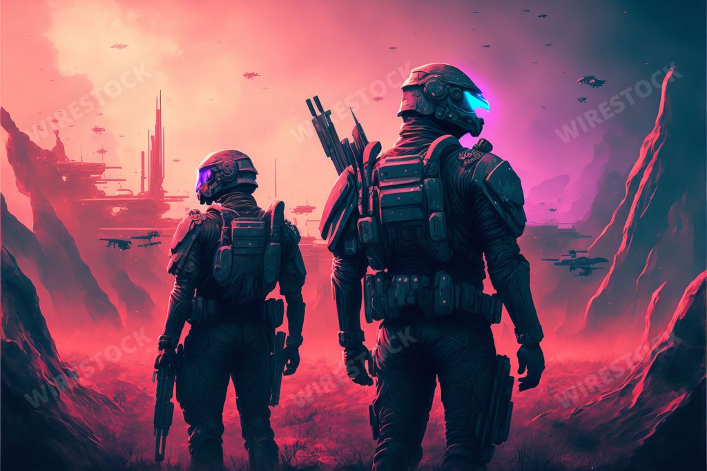 An AI generated illustration of Two military personnel standing in a desert environment, with a silhouette of navy ships in the background