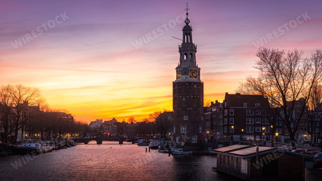 The Montelbaanstoren during the beautiful sunset in Amsterdam