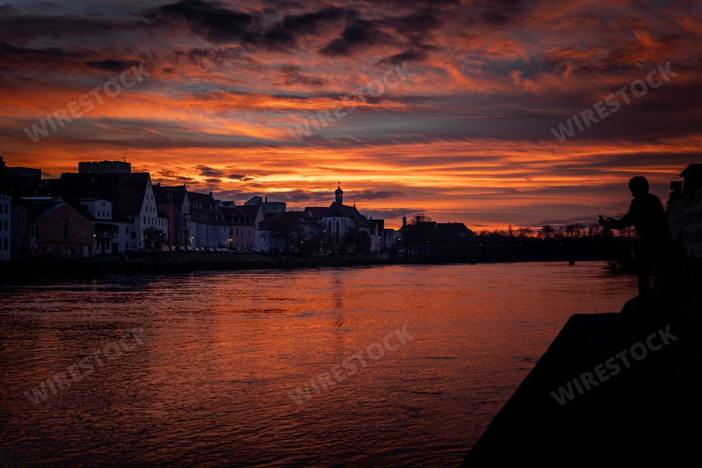 The view from the Danube on the Regensburg Cathedral and Stone Bridge in Germany