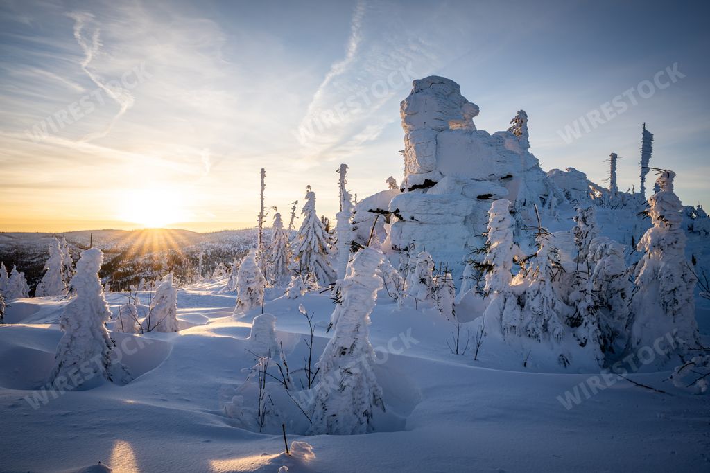 Sun rising over the Bavarian Forest, Sumava National Park, Germany ...