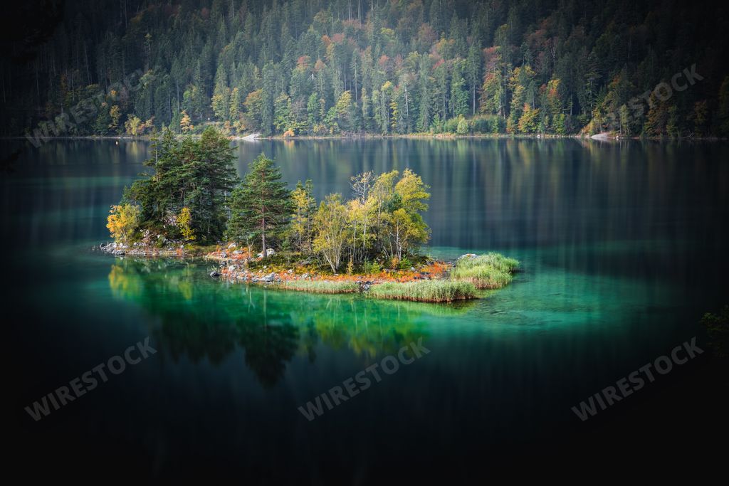 The beautiful scenery of Eibsee Lake in Bavaria, Germany during autumn