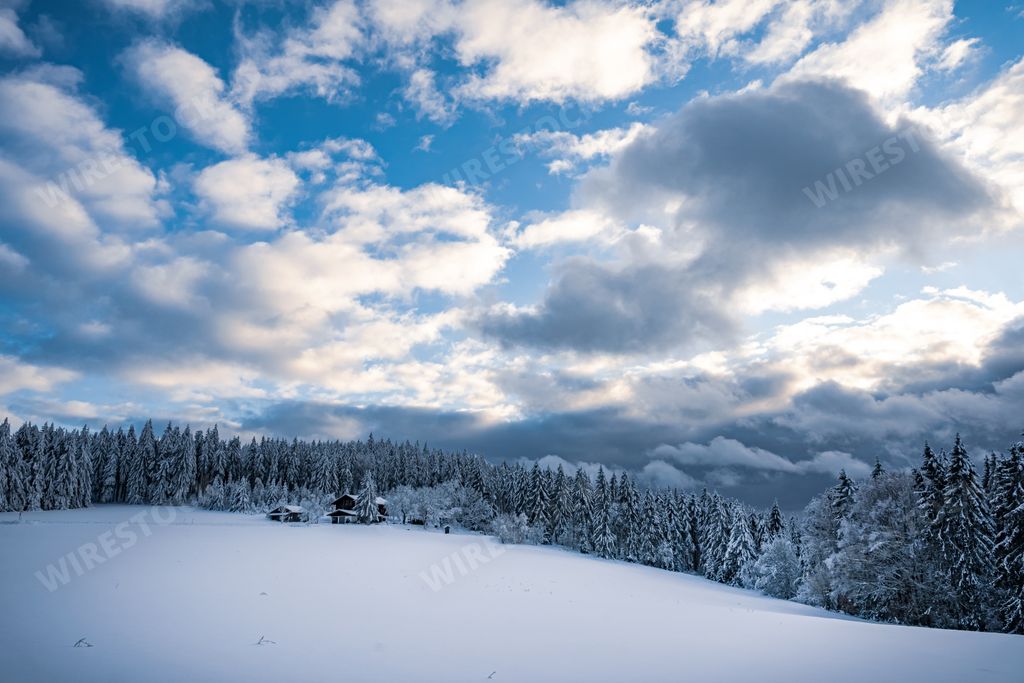 A beautiful snowy landscape with white fluffy clouds over the winter Bavarian forest, Germany