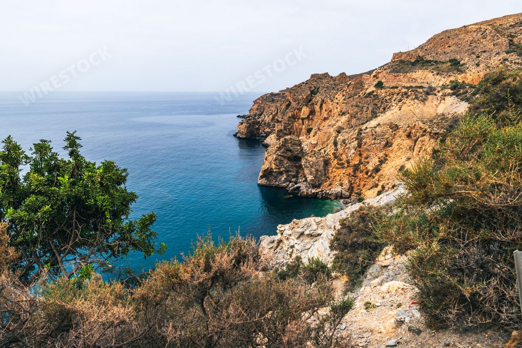 A scenic coastal view of rocky cliffs and clear blue sea with lush vegetation in the foreground in Andalusian Granada in Spain
