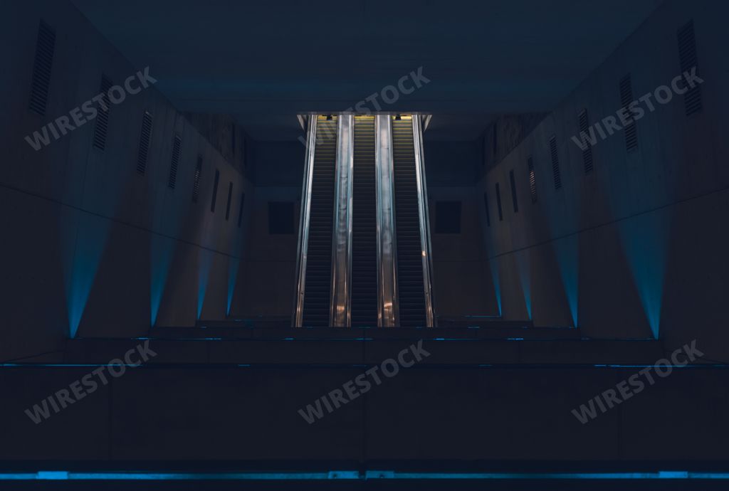 Escalators in the subway station at night with lights out