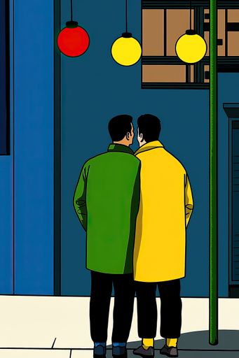 AI-generated Two people in colorful coats stand under vibrant streetlights in a modern urban setting, showcasing bold colors and minimalistic design.