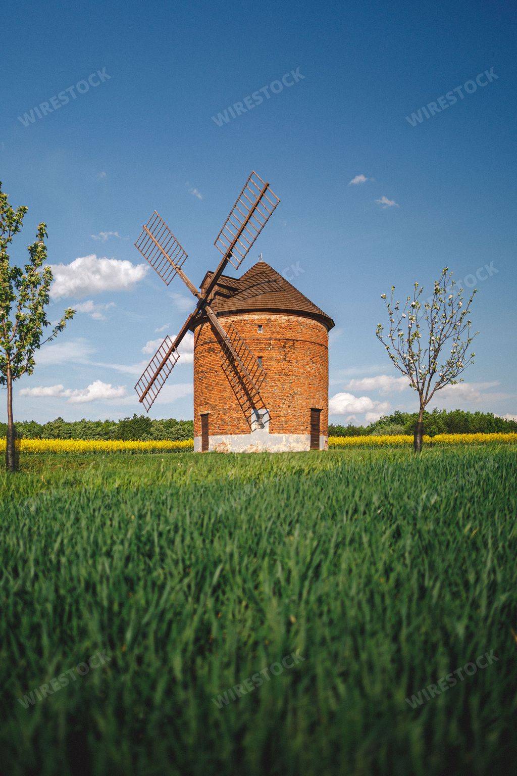 A vertical shot of an old brick windmill in the fields of Moravia, Czech Republic