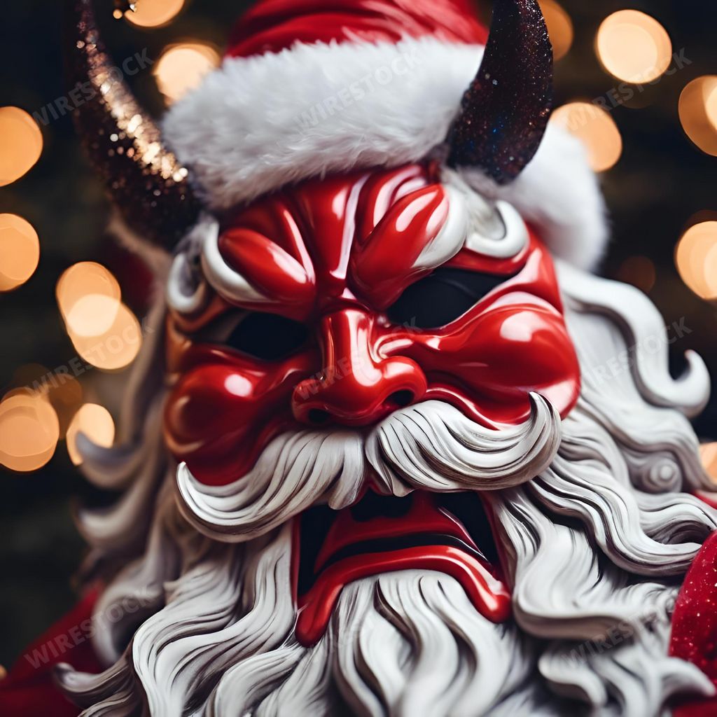 An AI generated illustration of Japanese Demon Mask in a Christmas Santa Style