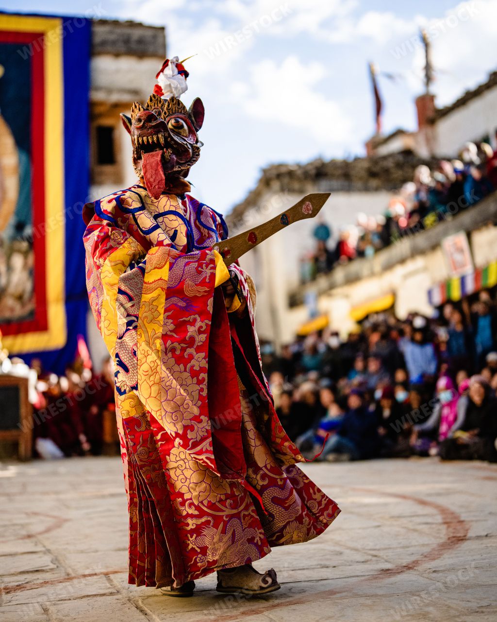 ATibetan Buddhist in traditional demon ghost clothing in Ritual Dance at the Tiji Festival in Nepal