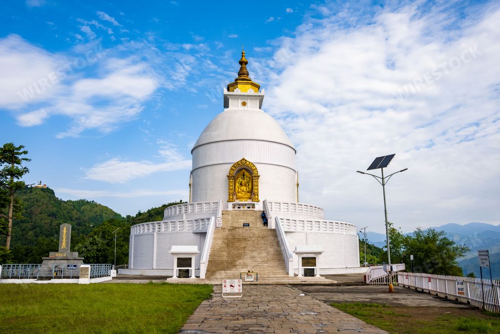 A scenic view of World Peace Pagoda (Pokhara Shanti Stupa) Buddhist temple in Pokhara Nepal