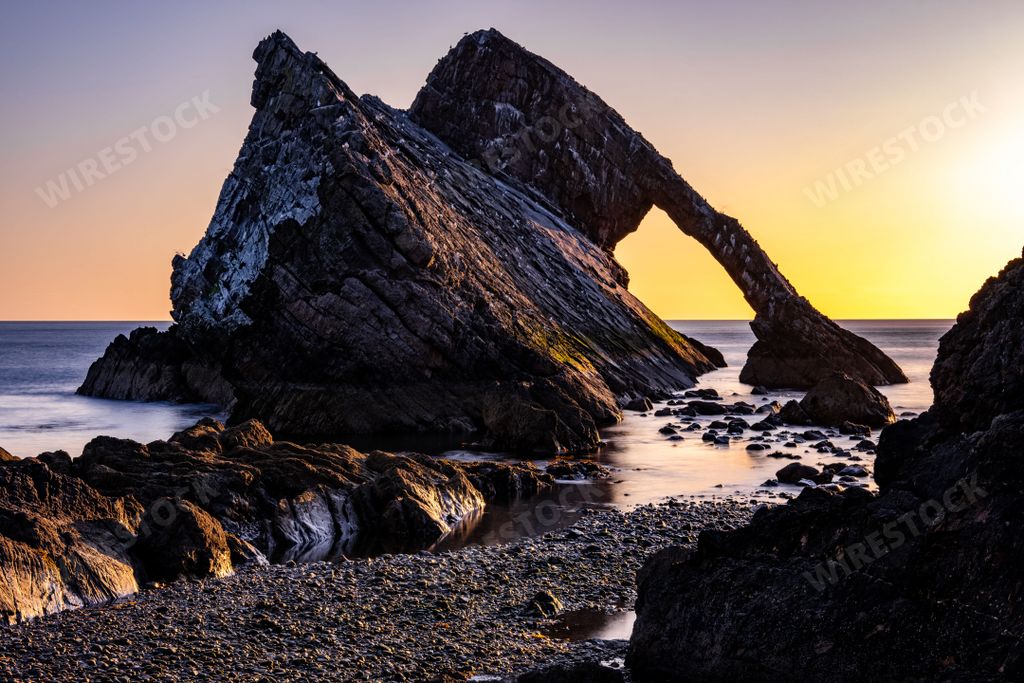 A beautiful view of the Bow Fiddle Rock on the northeast coast of Scotland