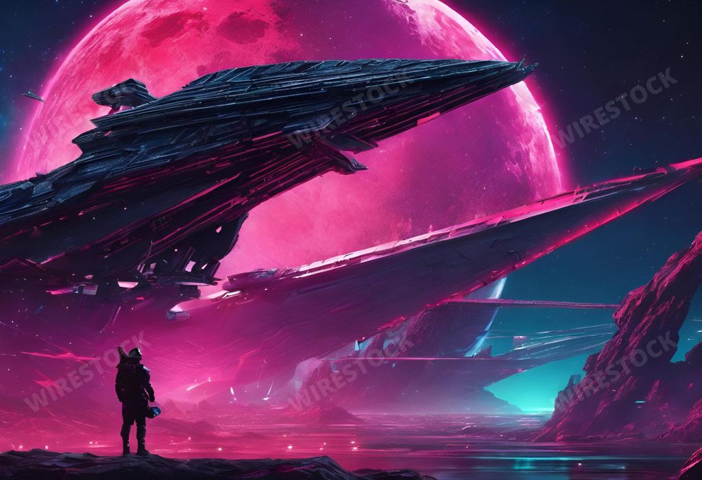 An AI generated illustration of Space Explorer standing in front of ships and the moon