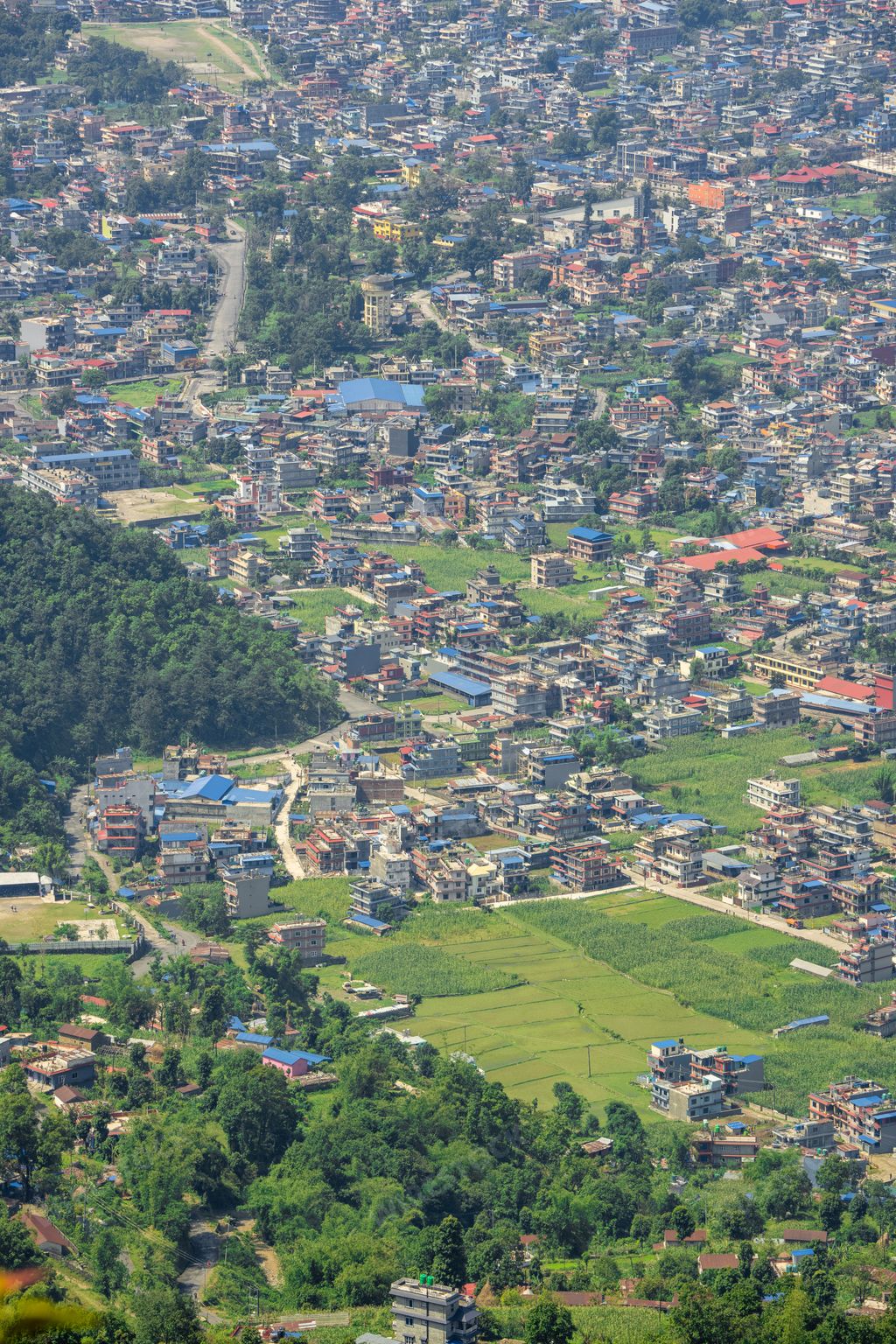 An aerial view of dense residential buildings and trees, Pokhara, Nepal