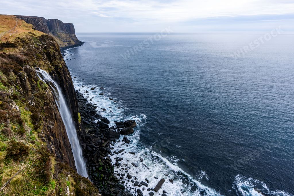 The beautiful view of Mealt falls, also named Kilt Rock Waterfall. Isle of Skye, Scotland, UK.