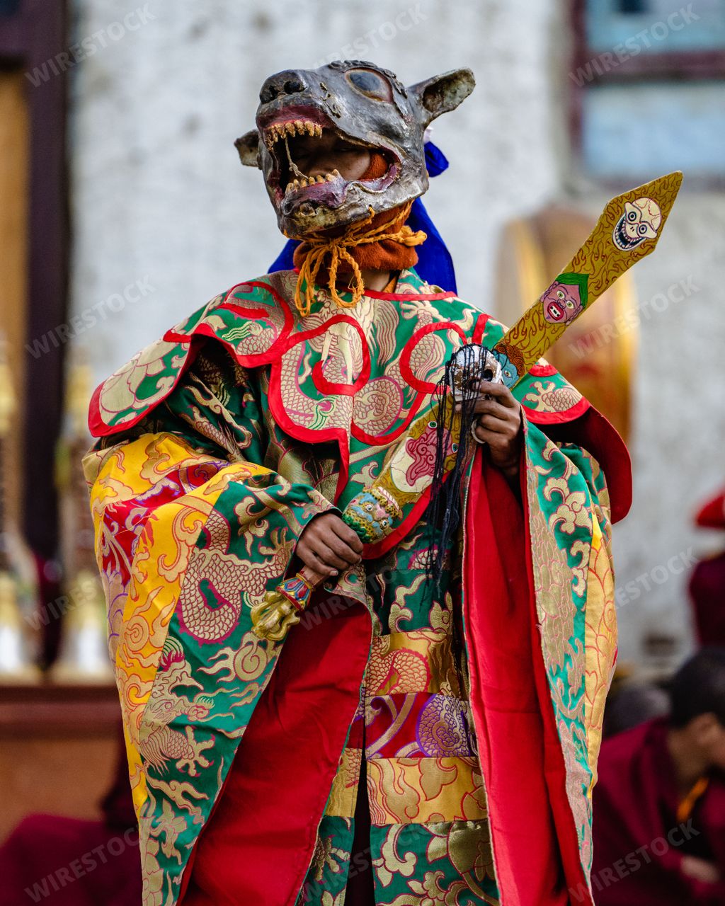 A monk Tibetan Buddhist in demon ghost outfit Dancing at the Tiji Festival in Nepal