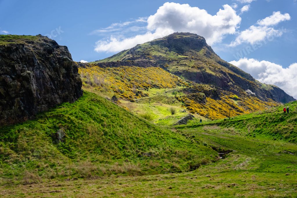 The view of Arthur's Seat trail and mountain in Holyrood Park. Edinburgh, Scotland, UK.